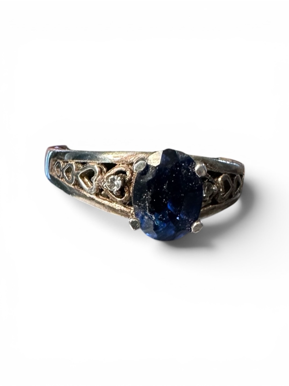 Vintage 925 Sterling Silver Sapphire Blue Heart Filigree Ring Size 7